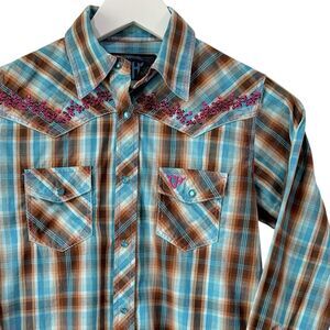 Cowgirl Hardware Shirt Girls Medium Rodeo Rhinestone Western Pearl Snap Top EUC